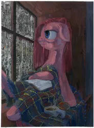 Size: 3492x4732 | Tagged: artist:quiet-victories, blanket, book, dark, derpibooru import, food, gouache, lidded eyes, pinkie pie, rain, sad, safe, solo, tea, traditional art, window