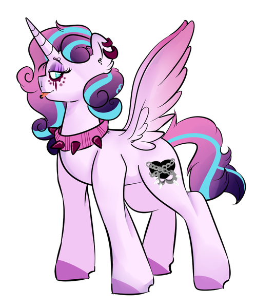 Size: 1024x1236 | Tagged: safe, artist:soft-arthropod, derpibooru import, princess flurry heart, alicorn, pony, choker, ear piercing, earring, goth, jewelry, necklace, older, piercing, princess emo heart, simple background, solo, spread wings