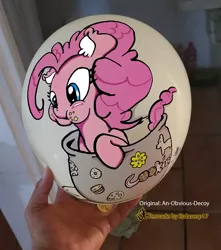 Size: 1836x2081 | Tagged: artist:dfectivedvice, artist:robocop17, balloon, cookie, cookie jar, cute, derpibooru import, ear fluff, food, irl, paint, paint on balloon, photo, pinkie pie, safe, solo, traditional art