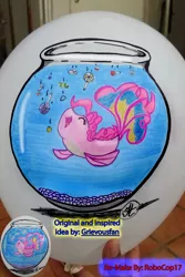 Size: 1836x2753 | Tagged: artist:grievousfan, artist:robocop17, balloon, candy, cute, derpibooru import, fish, fish bowl, fishified, food, guppy, irl, paint on balloon, photo, pinkie pie, safe, solo, species swap, traditional art