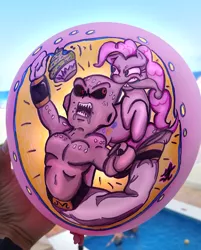 Size: 1836x2280 | Tagged: artist:mickeymonster, artist:robocop17, balloon, buu, crossover, cupcake, derpibooru import, dragon ball, dragon ball z, fight, food, irl, kid buu, majin buu, paint on balloon, photo, pinkie pie, safe, traditional art