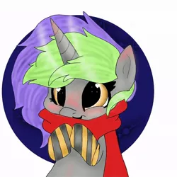 Size: 738x738 | Tagged: safe, artist:maydeathdousapart, derpibooru import, oc, oc:frenzy nuke, unofficial characters only, pony, unicorn, base used, blushing, clothes, cute, heart eyes, ocbetes, scarf, smiling, socks, solo, striped socks, trace, wingding eyes
