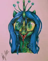 Size: 2944x3785 | Tagged: semi-grimdark, artist:byannss, derpibooru import, queen chrysalis, blood, cracked, creepy, looking at you, slit eyes, solo, tongue out, traditional art