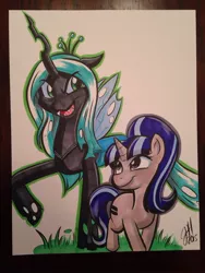 Size: 1024x1365 | Tagged: artist:joshuadraws, derpibooru import, friendship, queen chrysalis, safe, starlight glimmer, traditional art