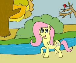 Size: 966x796 | Tagged: artist:amateur-draw, bird, derpibooru import, fluttershy, forest, ms paint, river, safe, solo, stream, tree, water