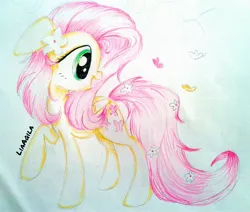 Size: 2048x1738 | Tagged: safe, artist:liaaqila, derpibooru import, fluttershy, butterfly, pegasus, pony, female, flower, flower in tail, folded wings, head turn, looking at something, looking back, mare, marker drawing, open mouth, profile, raised hoof, solo, traditional art