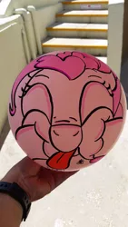 Size: 1836x3264 | Tagged: safe, artist:robocop17, artist:uminanimu, derpibooru import, pinkie pie, balloon, face, irl, paint on balloon, photo, solo, tongue out, traditional art