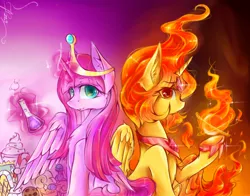 Size: 1000x784 | Tagged: safe, artist:pinkymynery2212, derpibooru import, ponified, alicorn, pony, adventure time, candy, crossover, fire, flame princess, food, looking at you, potion, princess bubblegum, pyrokinesis