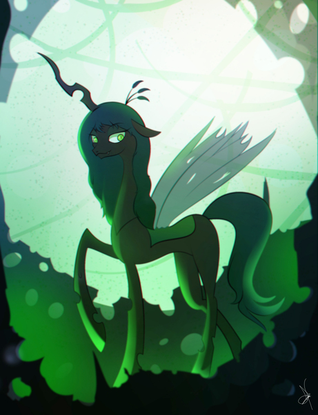 Size: 1661x2160 | Tagged: safe, artist:zidanemina, derpibooru import, queen chrysalis, looking at you, raised hoof, solo