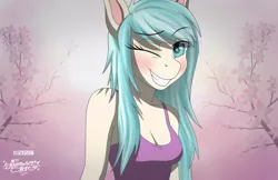 Size: 3400x2200 | Tagged: alternate hairstyle, anthro, artist:mcflurrylazermuffin, blushing, breasts, bust, busty coco pommel, cleavage, clothes, cocobetes, coco pommel, colored pupils, cute, derpibooru import, female, grin, long hair, looking at you, one eye closed, raised eyebrow, safe, signature, smiling, solo, tanktop, wink