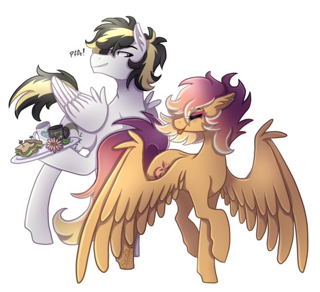 Size: 1975x1800 | Tagged: safe, artist:kikirdcz, derpibooru import, oc, oc:lightning strike, oc:sunrise skies, unofficial characters only, pegasus, pony, cup, dish, flower, food, hoof hold, sandwich, simple background, tongue out, transparent background