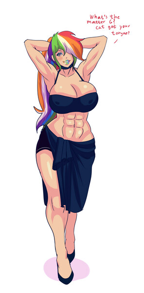 Size: 789x1600 | Tagged: suggestive, artist:annon, derpibooru import, rainbow dash, human, fanfic, abs, armpits, bedroom eyes, belly button, big breasts, bimbo, bimbo 1.0, bimbo dash, breasts, busty rainbow dash, cleavage, dialogue, eyeshadow, fanfic art, fanfic in the description, female, hair over one eye, humanized, image, jpeg, link in description, lipstick, looking at you, looking back, makeup, muscles, rainbow dash always dresses in style, rainbow lipstick, rainbuff dash, seductive pose, simple background, solo, solo female, stupid sexy rainbow dash, white background