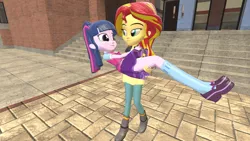 Size: 1360x768 | Tagged: safe, artist:mk513, derpibooru import, sci-twi, sunset shimmer, twilight sparkle, equestria girls, 3d, bedroom eyes, carrying, clothes, courtyard, female, gmod, leather jacket, lesbian, pants, school, scitwishimmer, shipping, skirt, sunsetsparkle