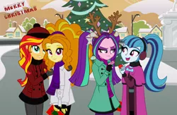 Size: 5778x3778 | Tagged: safe, artist:skycatcherequestria, derpibooru import, adagio dazzle, aria blaze, sonata dusk, sunset shimmer, equestria girls, rainbow rocks, absurd resolution, adoragio, antlers, arisona, beanie, canterlot high, christmas, christmas tree, clothes, courtyard, cute, dazzlebetes, female, fingerless gloves, frown, glare, gloves, grin, hat, headphones, holiday, lesbian, looking at you, merry christmas, open mouth, pants, red nose, reindeer antlers, scarf, shimmerbetes, shipping, smiling, snow, sunsagio, the dazzlings, tree, unamused, wall of tags, winter outfit