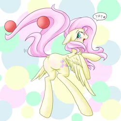 Size: 1200x1200 | Tagged: safe, artist:azurepicker, derpibooru import, fluttershy, pegasus, pony, blushing, buckball, colored pupils, cute, dialogue, dock, flutterbutt, heart, long legs, looking back, open mouth, plot, raised hoof, shyabetes, smiling, solo, speech bubble, spread wings, underass, yay