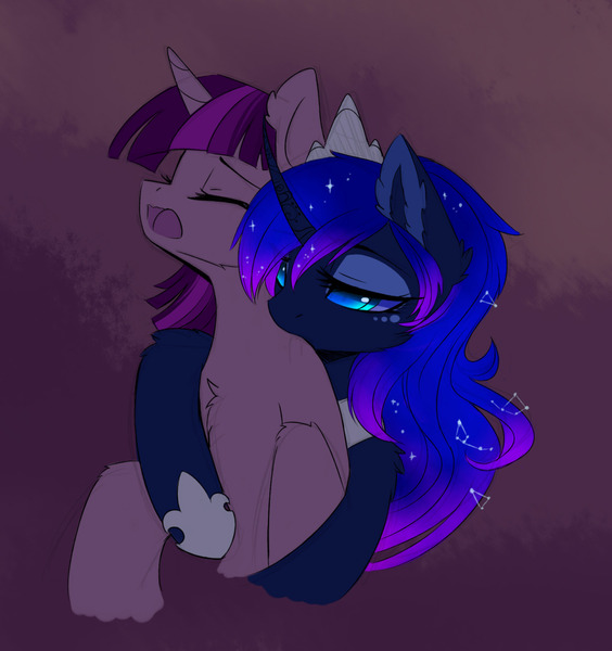 Size: 1280x1362 | Tagged: questionable, artist:magnaluna, derpibooru import, princess luna, twilight sparkle, bedroom eyes, biting, bust, cheek fluff, chest fluff, colored pupils, constellation, crown, curved horn, drool, ear fluff, eyes closed, female, fluffy, galaxy mane, gradient background, hug, hug from behind, implied clopping, implied hoofjob, jewelry, leg fluff, lesbian, moaning, neck biting, nom, not porn, open mouth, purple background, regalia, shipping, simple background, twiluna, wavy mouth