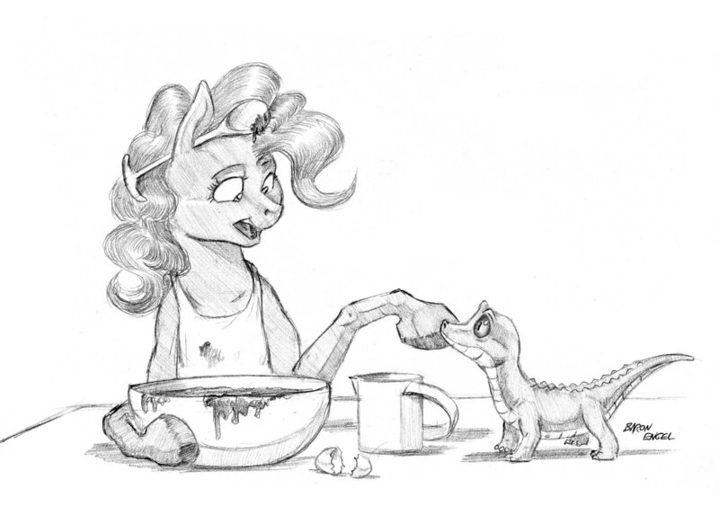 Size: 1400x985 | Tagged: safe, artist:baron engel, derpibooru import, gummy, pinkie pie, earth pony, pony, apron, batter, cake batter, clothes, cute, duo, egg, female, grayscale, looking at each other, mare, measuring cup, monochrome, pencil drawing, simple background, sketch, traditional art, white background