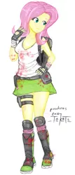 Size: 374x873 | Tagged: safe, artist:tokatl, derpibooru import, fluttershy, zombie, equestria girls, alternate universe, backpack, boots, clothes, looking away, miniskirt, simple background, skirt, socks, solo, white background, zombie apocalypse