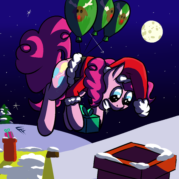 Size: 950x950 | Tagged: safe, artist:frecklesfanatic, derpibooru import, pinkie pie, earth pony, pony, balloon, chimney, christmas, clothes, costume, female, floating, grin, hat, mare, present, santa costume, santa hat, smiling, snow, solo, then watch her balloons lift her up to the sky