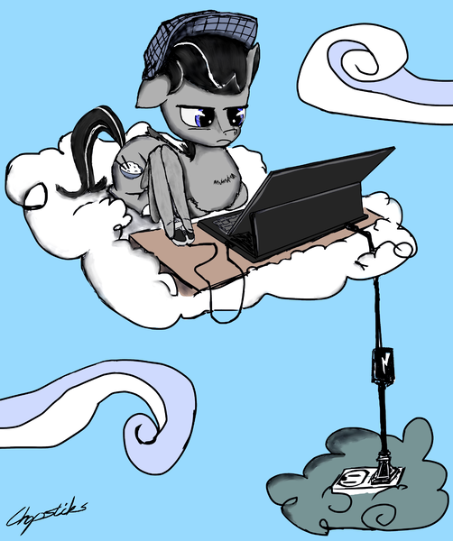 Size: 2000x2390 | Tagged: safe, artist:chopsticks, derpibooru import, oc, oc:chopsticks, unofficial characters only, pegasus, pony, cloud, computer, computer mouse, cutie mark, electricity, hat, laptop computer, outlet, plug, ponysona, sky, solo, stormcloud, technology, wing hands