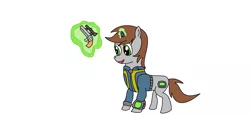 Size: 1594x736 | Tagged: safe, artist:amateur-draw, derpibooru import, oc, oc:littlepip, unofficial characters only, pony, unicorn, fallout equestria, fanfic, 1000 hours in ms paint, bad anatomy, fallout, fanfic art, female, glowing horn, gun, handgun, little macintosh, magic, mare, ms paint, pipbuck, revolver, simple background, solo, telekinesis, vault suit, weapon, white background