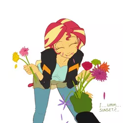 Size: 1000x1000 | Tagged: safe, artist:janji009, derpibooru import, sunset shimmer, oc, oc:anon, human, equestria girls, clothes, cute, dialogue, duo, eating, eyes closed, female, flower, homesick shimmer, horses doing horse things, humans doing horse things, jacket, pants, shimmerbetes, simple background, sunset wants her old digestive system back, white background
