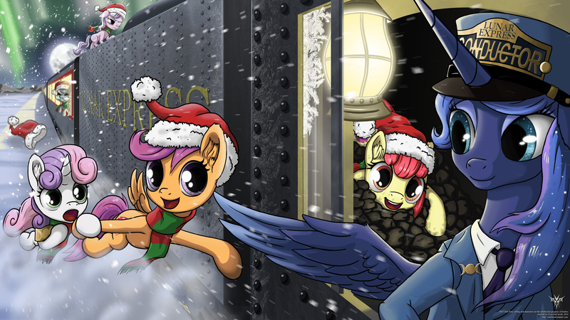 Size: 2500x1407 | Tagged: apple bloom, artist:starbat, aurora borealis, clothes, coal, crossover, cutie mark, cutie mark crusaders, derpibooru import, diamond tiara, ear fluff, hat, moon, parody, princess luna, safe, santa hat, scarf, scootaloo, silver spoon, snow, steam engine, sweetie belle, the cmc's cutie marks, the polar express, ticket, train, train conductor