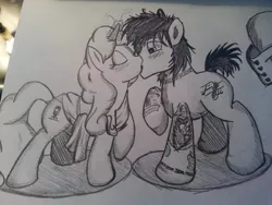 Size: 600x450 | Tagged: artist:lucas_gaxiola, blushing, derpibooru import, kissing, male, meta, monochrome, oc, oc:taralicious, pete wentz, photo, ponified, safe, shipping, sparks, straight, tara strong, tattoo, traditional art, twitter