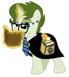 Size: 3970x4479 | Tagged: safe, artist:lostinthetrees, derpibooru import, oc, oc:trees, unofficial characters only, pony, unicorn, book, crossover, glasses, harry potter, magic, necktie, ravenclaw, saddle bag, simple background, solo, transparent background