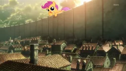 Size: 1280x720 | Tagged: safe, derpibooru import, edit, edited screencap, screencap, scootaloo, pony, attack on titan, cute, cutealoo, giant pony, giantess, macro, open mouth, shingeki no koyubi, smiling, snk, solo