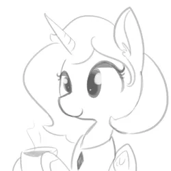 Size: 792x792 | Tagged: safe, artist:tjpones, derpibooru import, princess celestia, alternate hairstyle, cup, cute, cutelestia, drink, grayscale, hoof hold, monochrome, mug, short hair, simple background, sketch, smiling, solo, steam, white background