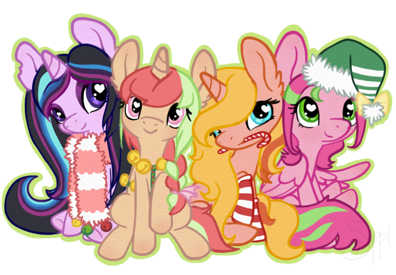 Size: 900x626 | Tagged: safe, artist:coffeecuppup, derpibooru import, oc, oc:dreamy sweet, oc:precious metal, oc:thimble, unofficial characters only, pegasus, pony, unicorn, candy, candy cane, clothes, food, scarf, simple background, socks, striped socks, transparent background