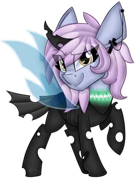 Size: 3033x4000 | Tagged: safe, artist:partylikeanartist, derpibooru import, oc, oc:windy spirit, unofficial characters only, changeling, absurd resolution, changeling oc, ear piercing, earring, jewelry, looking at you, piercing, raised hoof, simple background, smiling, smirk, solo, transformation, transparent background, transparent wings, wingding eyes