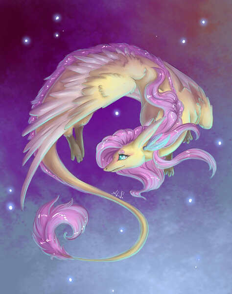 Size: 1500x1900 | Tagged: artist:alina-sherl, beautiful, derpibooru import, dragon, dragonified, flutterdragon, fluttershy, flying, safe, solo, species swap, stars