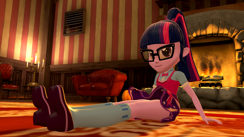 Size: 1920x1080 | Tagged: safe, artist:razethebeast, derpibooru import, sci-twi, twilight sparkle, equestria girls, 3d, bowtie, clothes, fireplace, glasses, looking at you, mary janes, ponytail, scenery, shoes, skirt, skirt lift, socks, solo, source filmmaker