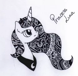 Size: 1410x1379 | Tagged: artist:coffytacotuesday, bust, decorative hatching, derpibooru import, monochrome, portrait, princess luna, safe, solo, traditional art