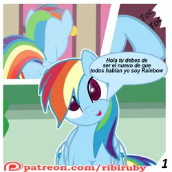 Size: 1280x1280 | Tagged: safe, artist:ribiruby, derpibooru import, rainbow dash, pegasus, pony, comic:a gift for dash, comic, dialogue, dock, door, female, knocking, looking at you, mare, patreon, patreon logo, show accurate, solo, spanish