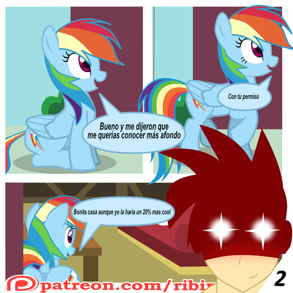 Size: 1280x1280 | Tagged: questionable, artist:ribiruby, derpibooru import, rainbow dash, human, comic:a gift for dash, anus, comic, dialogue, dock, female, nudity, patreon, patreon logo, ponut, scheming, show accurate, show accurate porn, simplistic anus, sitting, spanish, starry eyes, subtly explicit, wingding eyes