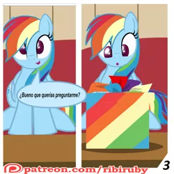 Size: 1280x1280 | Tagged: safe, artist:ribiruby, derpibooru import, rainbow dash, pegasus, pony, comic:a gift for dash, comic, couch, dialogue, dock, female, mare, patreon, patreon logo, present, show accurate, sitting, solo, spanish