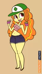 Size: 857x1500 | Tagged: safe, artist:khuzang, derpibooru import, adagio dazzle, equestria girls, rainbow rocks, adagio dat-azzle, belly button, cap, clothes, female, fingerless gloves, gloves, hat, inner workings, midriff, open mouth, sandals, shorts, simple background, smiling, solo, tanktop, wide hips