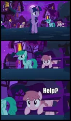 Size: 600x1018 | Tagged: safe, derpibooru import, juicy fruit, lily, lily valley, spring melody, sprinkle medley, twilight sparkle, twilight sparkle (alicorn), alicorn, earth pony, pony, unicorn, no second prances, adorable distress, cute, fence, help, stuck, tenso