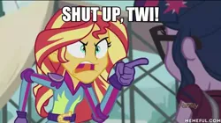 Size: 600x337 | Tagged: safe, derpibooru import, edit, edited screencap, screencap, sci-twi, sunset shimmer, twilight sparkle, equestria girls, angry, exploitable meme, family guy, image macro, meg griffin, meme, peter griffin, sunset yells at twilight