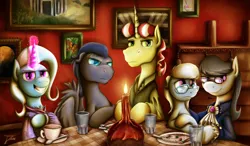 Size: 1250x731 | Tagged: safe, artist:jamescorck, derpibooru import, flim, octavia melody, silver spoon, trixie, oc, pegasus, pony, clothes, fire, glass, glasses, knife, magic, movie reference, plate, scenery, signature, table, the untouchables, vase