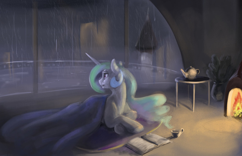 Size: 1280x828 | Tagged: safe, artist:silfoe, derpibooru import, princess celestia, pony, book, cozy, female, fireplace, looking back, mare, rain, solo