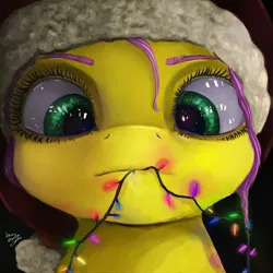 Size: 3000x3000 | Tagged: artist:anuhanele, bust, chewing, christmas lights, cross-eyed, cute, derpibooru import, eating, eyebrows, fluttershy, hat, looking at something, mouth hold, safe, solo, stray strand