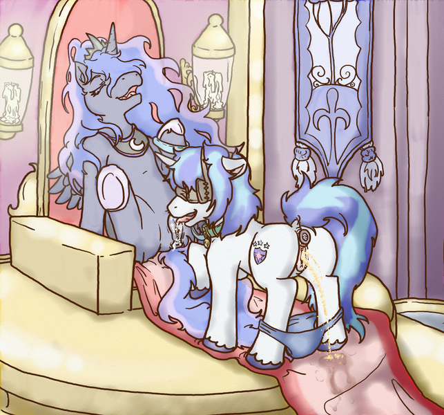 Size: 1104x1030 | Tagged: explicit, artist:lavilovi, derpibooru import, princess luna, shining armor, alicorn, pony, unicorn, anatomically correct, blinders, butt, buttplug, clothes, collar, cutie mark, dock, female, females only, femdom, femsub, gleaming shield, gleamingsub, half r63 shipping, image, infidelity, leash, lesbian, lunadom, nudity, oral, panties, panties around legs, panties pulled down, pet play, png, rule 63, sex, sex toy, shieldbutt, shiningluna, shiningsub, shipping, submissive, tongue out, underwear, urine, watersports
