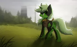 Size: 1280x784 | Tagged: safe, artist:hioshiru, derpibooru import, oc, oc:serenity, unofficial characters only, pony, unicorn, chromatic aberration, commission, female, grass field, mare, plot, scenery, solo, underhoof, ych result