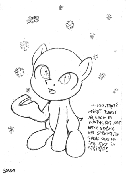 Size: 846x1155 | Tagged: safe, artist:merkleythedrunken, derpibooru import, oc, oc:nudie, unofficial characters only, earth pony, pony, female, filly, hairless, monochrome, sketch, snow, solo, traditional art