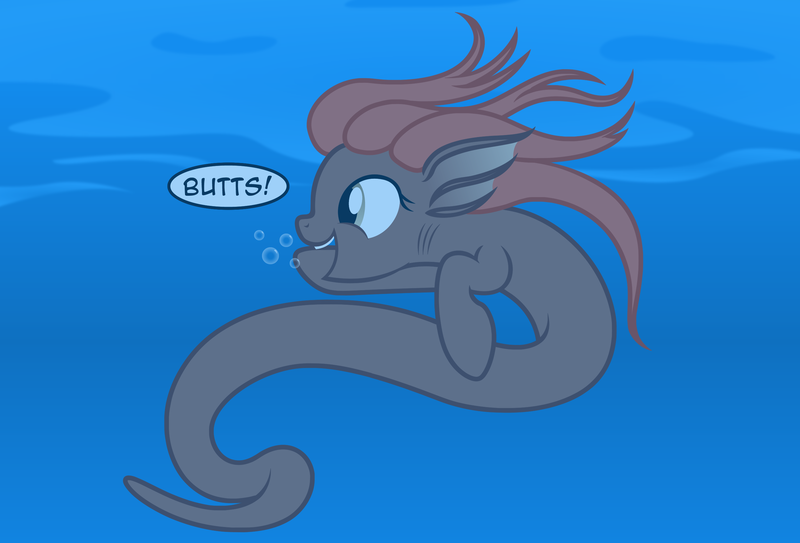 Size: 2742x1862 | Tagged: safe, artist:badumsquish, derpibooru import, oc, oc:swiggity, unofficial characters only, merpony, original species, pearlfish, pearlfish pony, badumsquish strikes again, bubble, butts, cute, dialogue, female, gills, happy, irrational exuberance, open mouth, pointing, smiling, solo, swimming, teeth, underwater, water
