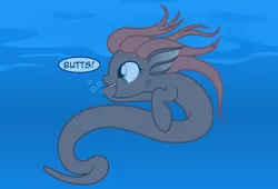 Size: 2742x1862 | Tagged: safe, artist:badumsquish, derpibooru import, oc, oc:swiggity, unofficial characters only, merpony, original species, pearlfish, pearlfish pony, badumsquish strikes again, bubble, butts, cute, dialogue, female, gills, happy, irrational exuberance, open mouth, pointing, smiling, solo, swimming, teeth, underwater, water